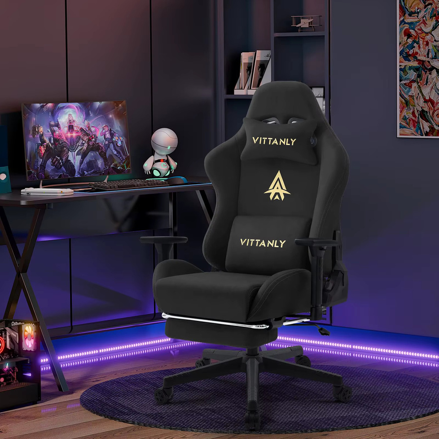Vittanly Gaming-Stuhl aus atmungsaktivem Stoff in Grün-Schwarz mit Fußstütze, Kopfstütze und Armlehnen, verstellbarer und drehbarer Schreibtischstuhl für Home-Office und Gaming - Bild 2