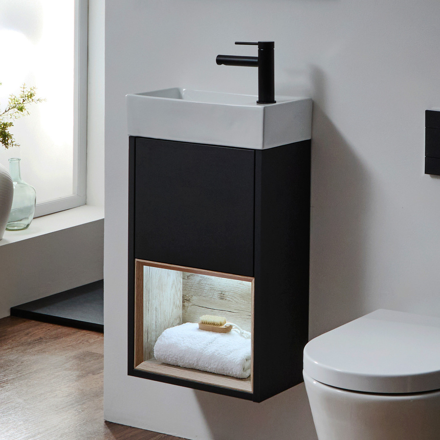 Hängender Waschtischunterschrank Hudson Reed mit Keramik-Waschbecken und LED-Beleuchtung in Schwarzgrau Matt - Bild 1