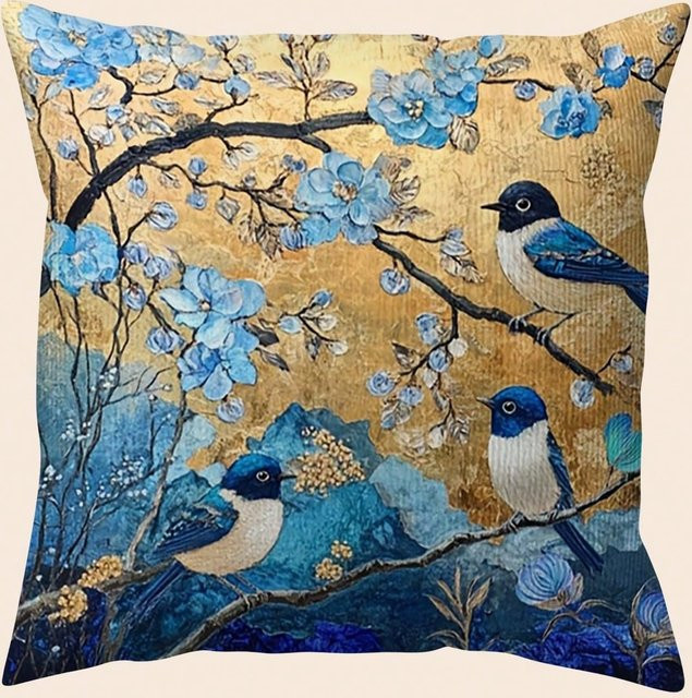 JMG Clothing Kissenbezug im chinesischen Stil mit blauem Vogel- und Blumendruck sowie goldener Stickerei-Optik, B/B: 60 x 60 cm - Bild 1