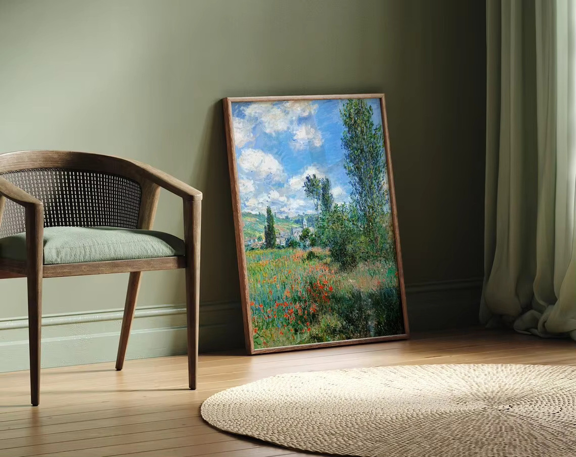 Impressionistischer Wanddruck von SHENCHEN mit Mohnblumen und Pappelbäumen in Vetheuil als klassisches Landschaftsgemälde in Mehrfarben - Bild 3