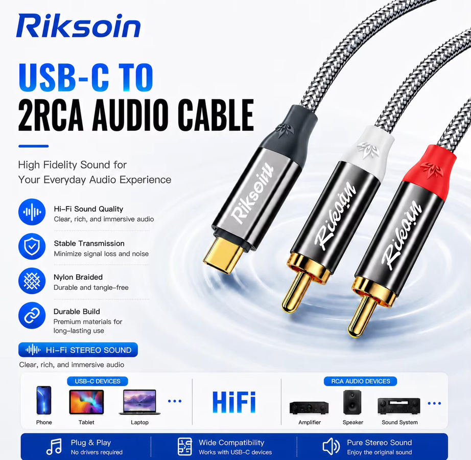 Riksoin USB-C auf 2 RCA Audiokabel mit DAC in Grau für Lautsprecher und Verstärker - Bild 3