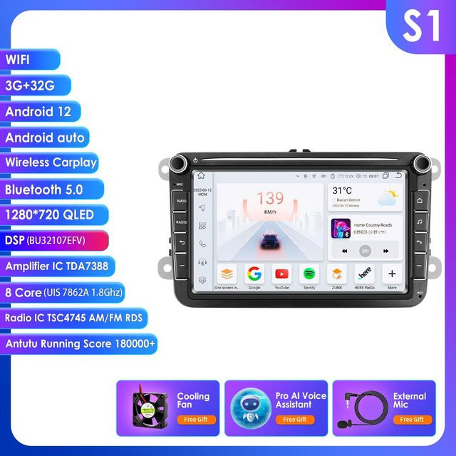 Ossuret S1 Multimedia-Player Android 13 Autoradio mit Carplay und GPS für Volkswagen Golf 5 Transporter VW Passat B6 Polo Jetta Skoda Seat in Schwarz - Bild 1