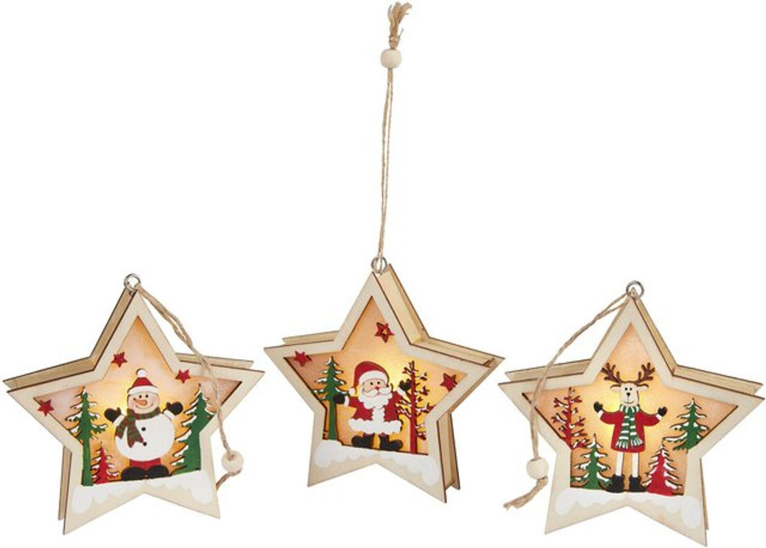 viva domo LED-Holzsterne Trio Set aus 3 Stück in Beige und Weiß als hängende Weihnachtsdekoration im Landhausstil - Bild 1