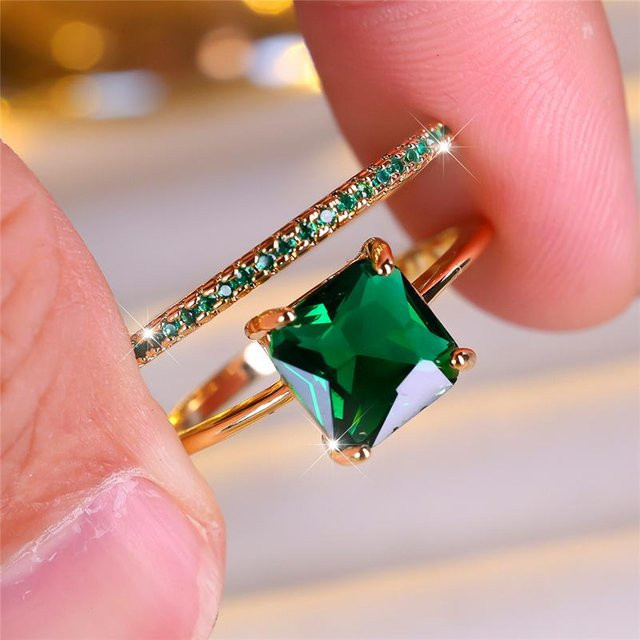 YIRAN Jewelry Verlobungsring Set, Gelbgold, Grüner Zirkonia, Damen - Bild 1