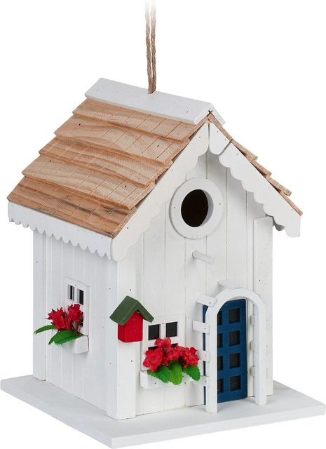 Relaxdays Vogelhaus aus Pappel- und Kiefernholz im Landhausstil, Weiß Natur, H x B x T: 23,5 x 18 x 18 cm - Bild 1