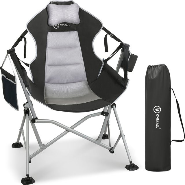 HOMECALL Campingstuhl Schaukelstuhl aus 600D Oxford-Gewebe mit verstellbarer Kopfstütze und Getränkehalter, Schwarz, bis 180 kg belastbar - Bild 1