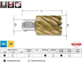 RUKO Kernbohrer HSS-TiN mit Weldonschaft, Farbe: Gold, Durchmesser: 30 mm, Schnitttiefe: 30 mm - Bild 1