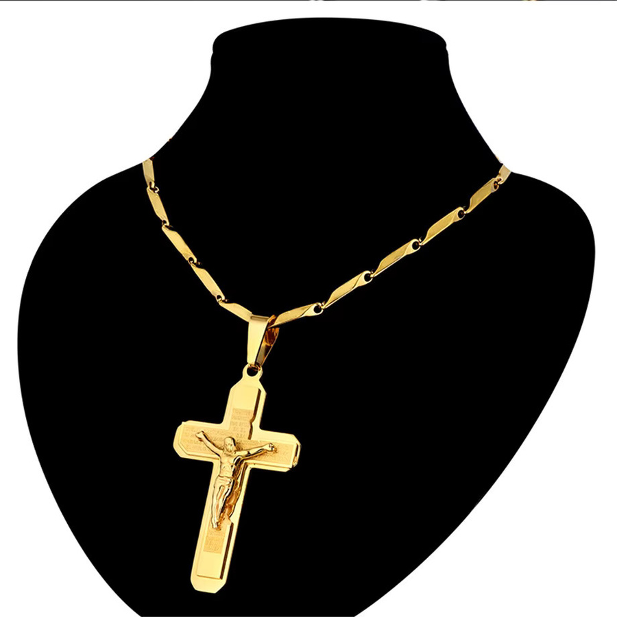 Halskette mit Kreuz Anhänger, Edelstahl, Gold, Herren - Bild 2