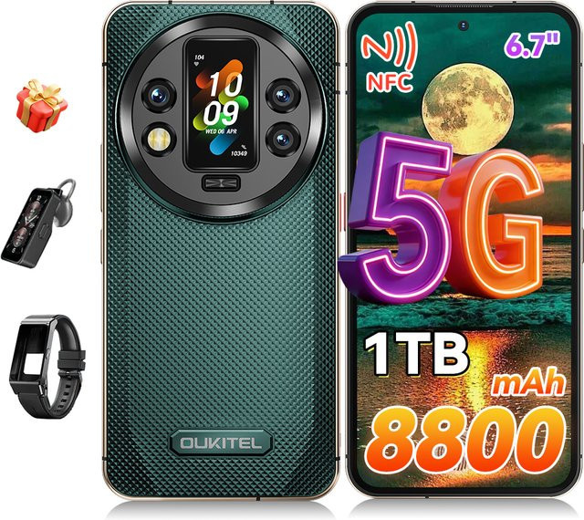 Oukitel WP200 Pro 5G Robustes Smartphone in Grün mit 6,7 Zoll Display, 72GB Speicher, 1TB Kapazität, Android 15, 108MP Kamera und 8800mAh Akku - Bild 1