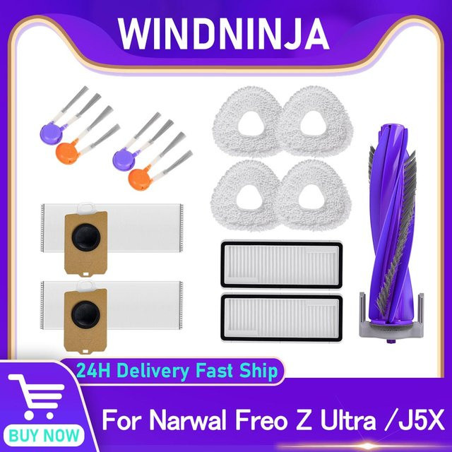 WINDNINJA Ersatzteil-Set für Narwal Freo Z10 Ultra und Narwal J5X mit Filter, Mopp-Tuch, Seitenbürste und Staubbeutel in Weiß - Bild 1