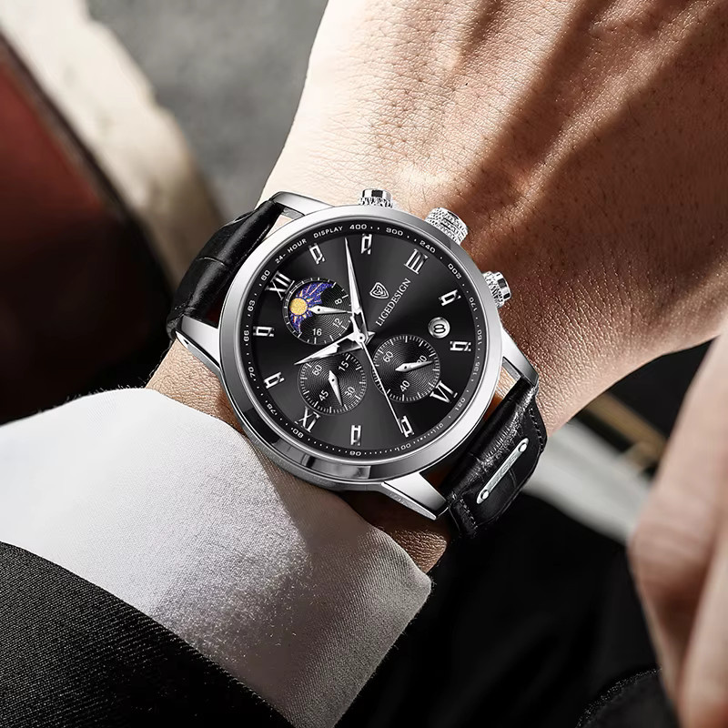LIGE Armbanduhr Quarz, Leder, Schwarz, Herren - Bild 5