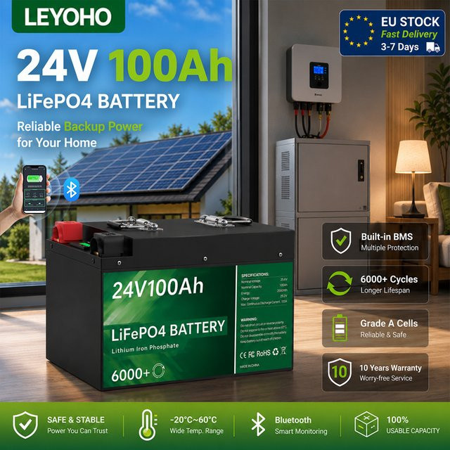 LEYOHO LiFePO4 24V 100Ah 2,56kWh Lithium-Batteriepack mit Bluetooth BMS in Schwarz - Bild 1