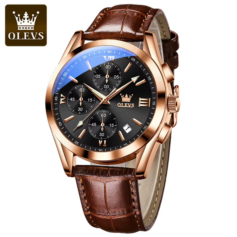 OLEVS Chronograph Armbanduhr, Quarz, Leder, Schwarz, Herren - Bild 2
