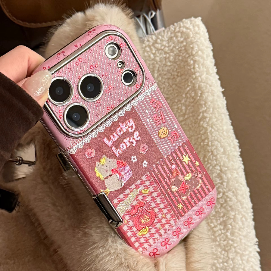 MUQGEW Handyhülle mit Koreanischem Cartoon-Pferd und Lederstruktur für iPhone 11 bis 17 Pro Max inklusive Armband, Stoßfest, Pink - Bild 3