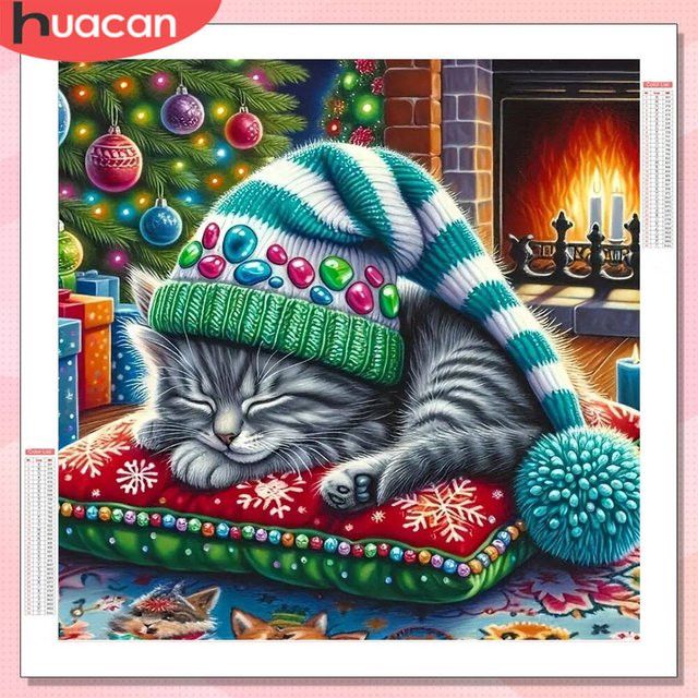 HUACAN 5D Diamantmalerei Katze Weihnachten Rundes Diamant Mosaik Set für Kreuzstich-Dekoration - Bild 1
