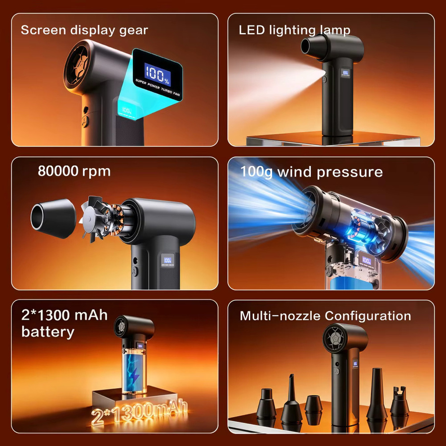 PINTUDY S5-D Luftgebläse Kabelloser Druckluftreiniger mit LED-Licht und Batterieanzeige in Schwarz, 4-Gang-Turbogebläse mit 80000 U/min und 40 W - Bild 4
