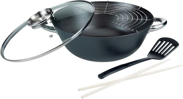 GSW Gusseisen Wok-Set 5-teilig mit Ablagegitter und Glasdeckel in Schwarz, Durchmesser: 32 cm - Bild 1