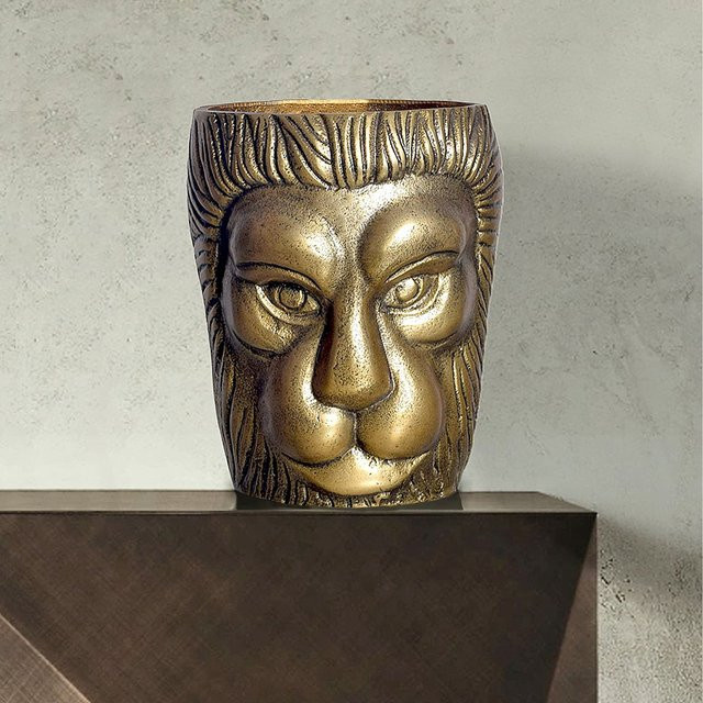 FineBuy Blumenvase Löwenkopf in Gold aus Aluminium als moderne Tischvase für deine Wohndeko, Höhe: 21 cm - Bild 1