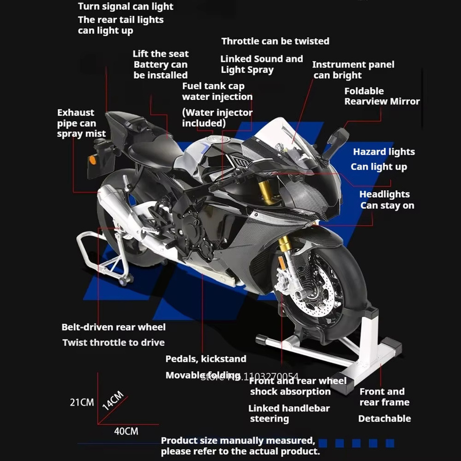 MAKEDA R1M Legierung Spray Motorrad, Diecast Spielzeug Auto Modell, 1:6, mit Licht, Metall, Schwarz - Bild 2