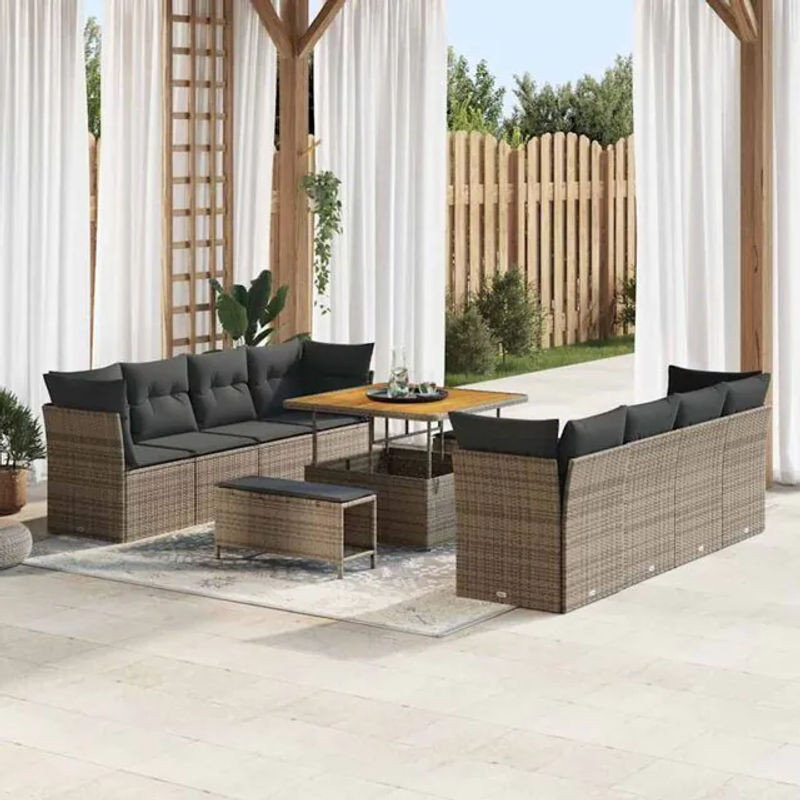 vidaxl Garten-Sofa-Set aus Rattan und Metall mit 11-teiligem modularem Design, integriertem Stauraum und Fußhocker in Grau - Bild 1