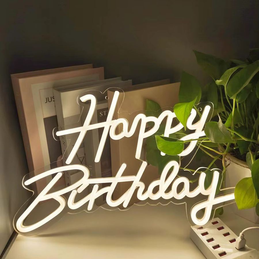 Dimmbares LED Neonschild Happy Birthday in Warmweiß als Wanddekoration mit USB-Anschluss und Acryl-Gehäuse - Bild 2