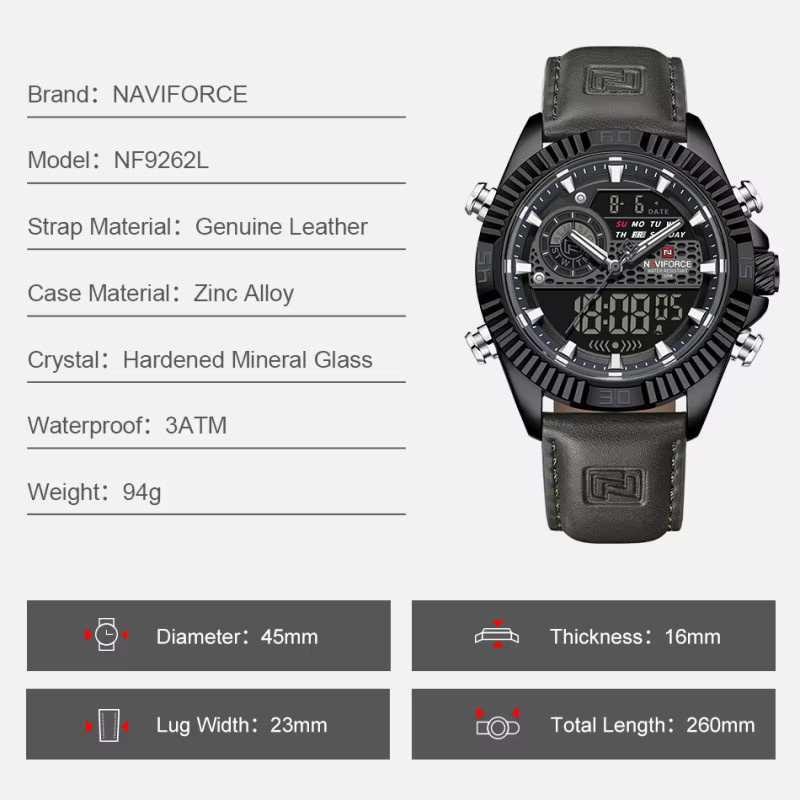 NAVIFORCE Digitaluhr, Quarz, Lederarmband, Schwarz, Herren - Bild 2