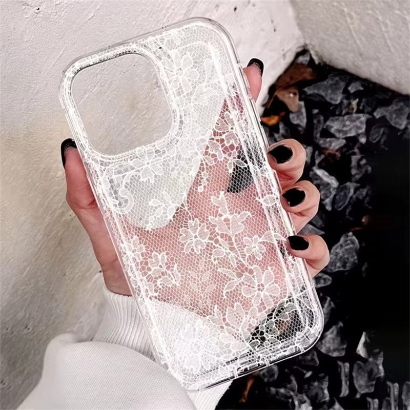 Elegante Handyhülle mit weißem Spitzenmuster für Apple iPhone 11 bis iPhone 17 Pro Max, Transparentes Soft Clear Cover - Bild 2
