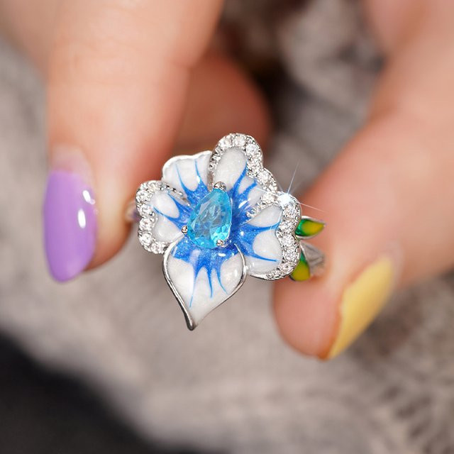 Huitan Ring, blaue Blume, Silber, Zirkonia, Damen - Bild 1