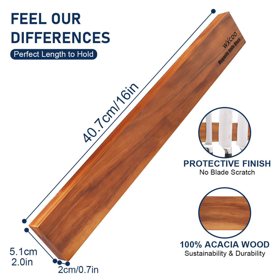 WXCOO Magnetischer Messerhalter aus Akazienholz in Braun, Wandmontage, Breite: 40 cm - Bild 3
