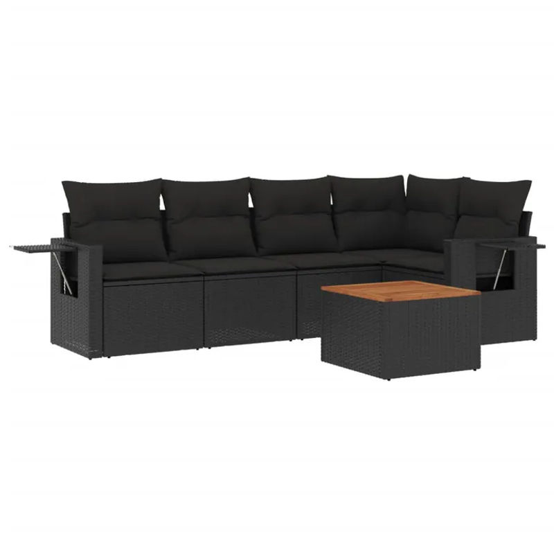 vidaXL 6-teilige Garten-Sofagarnitur aus Poly-Rattan und Akazienholz in Schwarz mit Kissen - Bild 2