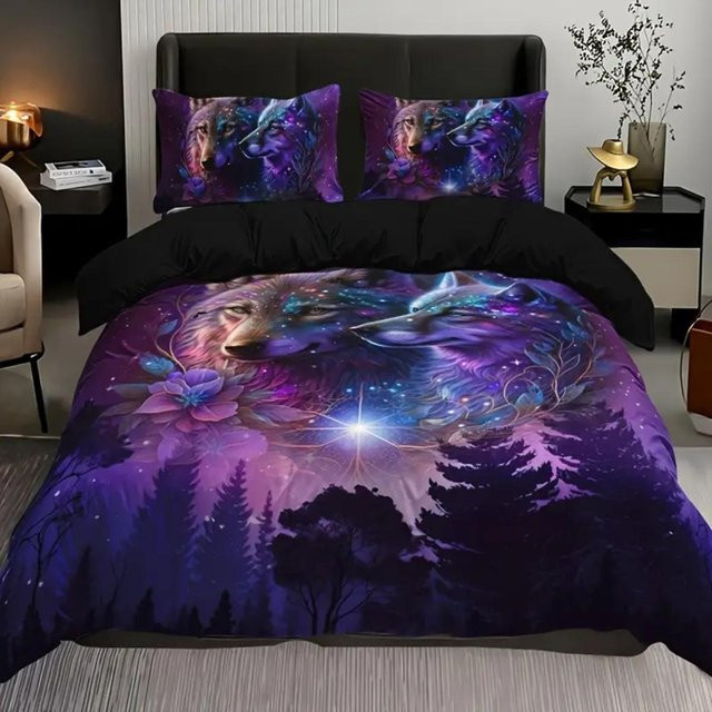 3-teiliges Bettwäsche-Set JMG Household Supplies mit Sternenhimmel-Wald-Wolf-Print in Grau und Lila, atmungsaktive Mikrofaser, B/H: 135 x 200 cm - Bild 1