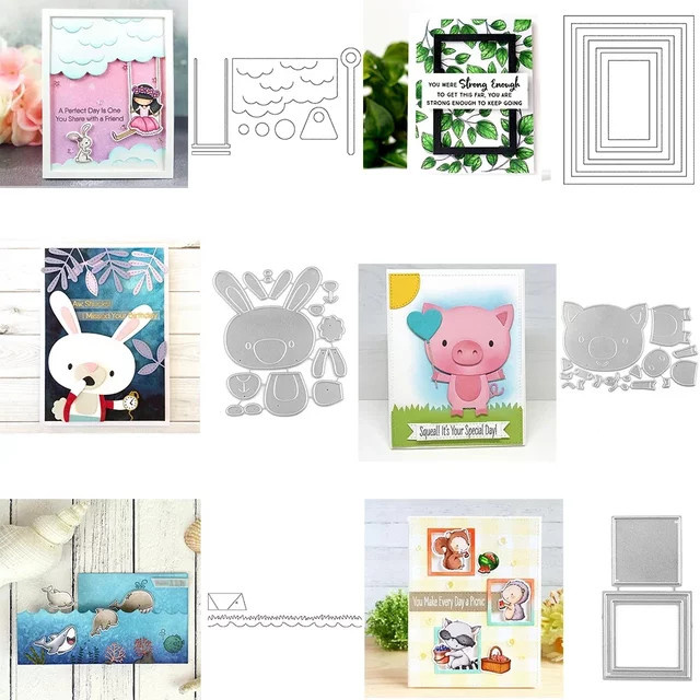 Stanzform Schweinchen und Kaninchen mit interaktivem Schaukel-Rahmen für DIY Scrapbooking und Kartenbasteln, Multicolor - Bild 1