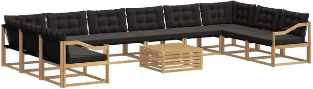vidaXL Outdoor-Sofagarnitur in U-Form aus Akazienholz mit Textilene und Kissen, 11-teilig, Weiß-Schwarz - Bild 1