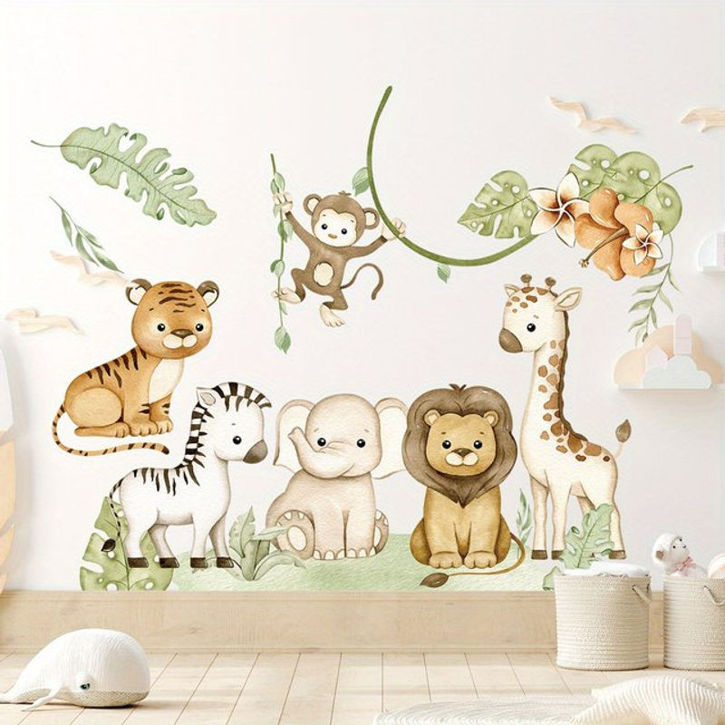 2 Stück BRUP Wandaufkleber für Kinderzimmer mit Cartoon-Elefant, Löwe, Affe und Blättern in Mehrfarbig - Bild 1