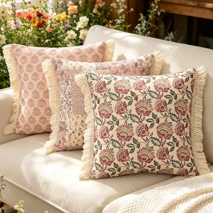 BUYNOW Kissenbezug im Landhausstil mit Blumenmuster und Quasten, Multicolour, 45 x 45 cm - Bild 2