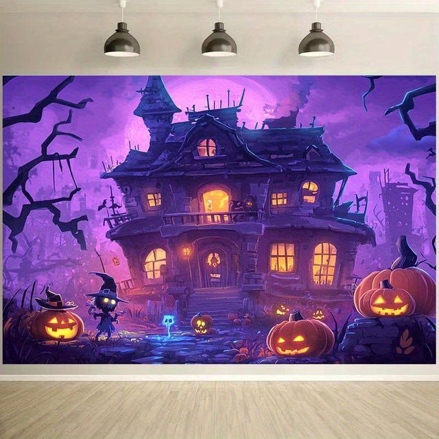 Sjs Halloween Hintergrundstoff mit Hexe, Kürbislaterne und Spukhaus-Design, mehrfarbig - Bild 1