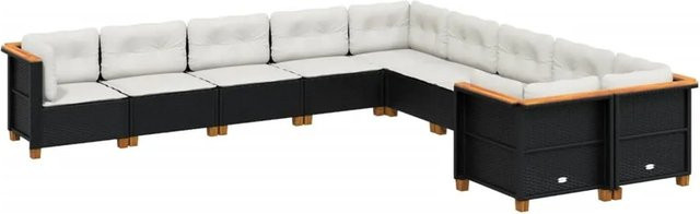 vidaXL 10-tlg. Garten-Sofagarnitur in L-Form aus Poly-Rattan und Akazienholz mit Kissen in Schwarz und Cremeweiß - Bild 1