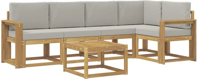 vidaXL Outdoor-Sofagarnitur 6-teilig in L-Form aus massivem Akazienholz mit Polstern in Weiß und Hellgrau - Bild 1