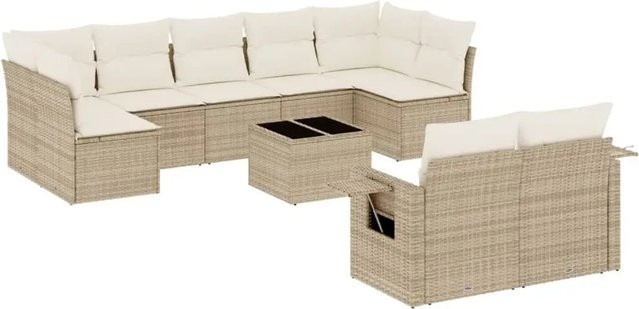 vidaXL 10-tlg. Garten-Sofagarnitur in L-Form mit Kissen und Couchtisch, Beige, Poly-Rattan und Metallgestell - Bild 1