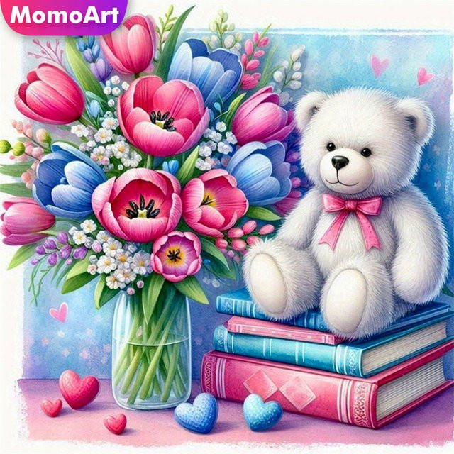 Momoart Diamant-Stickerei Cartoon-Bär mit Tulpen-Motiv, Strass-Mosaik Set in Multicolour, B/B/B: 20 x 20 x 20 cm - Bild 1