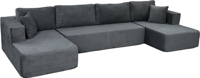 HOMCOM Modularsofa in U-Form als 4-Sitzer mit 2 Ottomane und 2-Sitzer-Sofa, kombiniertes Ecksofa in Grau mit Cordvelours-Bezug und Schlaffunktion - Bild 1
