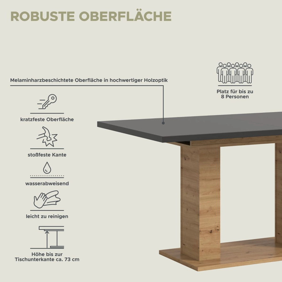 Inn.Furn Esstisch ausziehbar in Grau und Eiche, B/T/H: 150 x 90 x 76 cm, erweiterbar auf 190 cm - Bild 6
