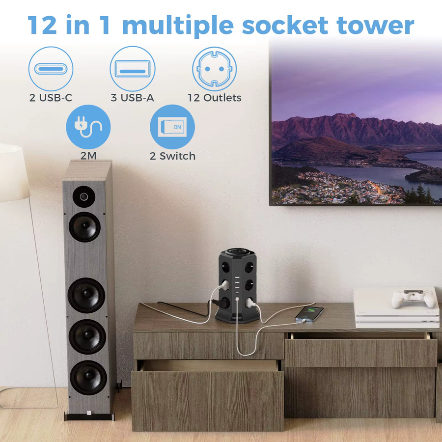 TESSAN Tower-Steckdosenleiste in Schwarz mit Mehrfachsteckdosen, 3 USB-Anschlüssen, 2 Typ-C-Anschlüssen und 2m Verlängerungskabel mit Überspannungsschutz - Bild 2