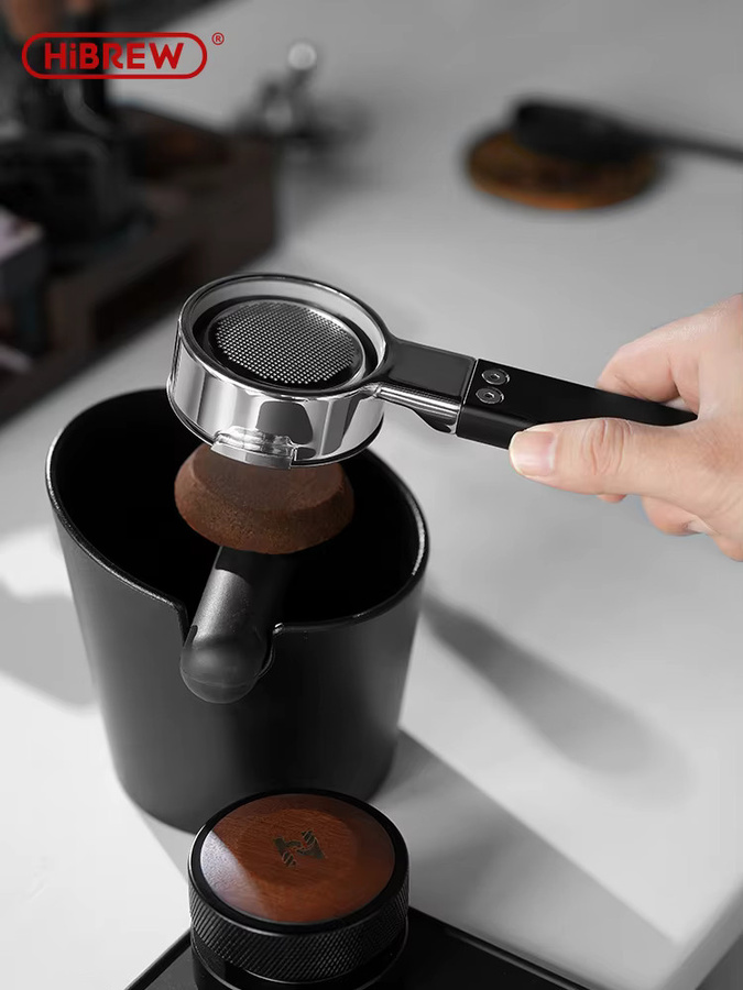 HiBREW V61 58 mm Espresso-Siebträger ohne Boden mit 2-in-1-Doppelauslauf und Filterkorb für H21-Espressomaschinen, Silber - Bild 3