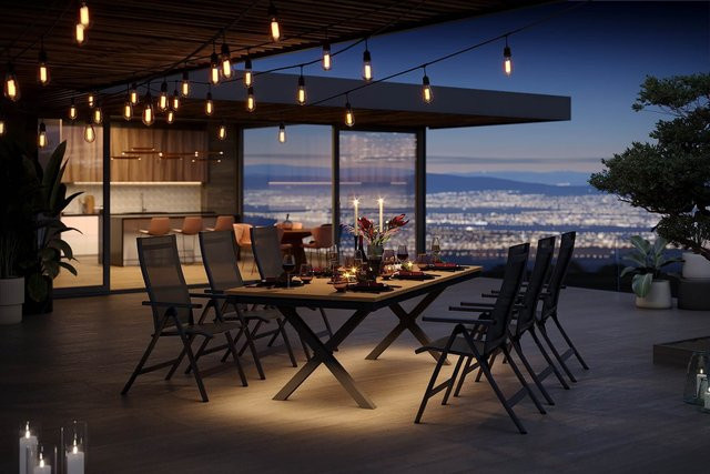 OUTFLEXX Luminara Garten-Essgruppe in Anthrazit Matt mit 6 Klappstühlen und LED-beleuchteter Tischplatte aus Aluminium und Holzimitat, B: 240 cm, T: 100 cm - Bild 1