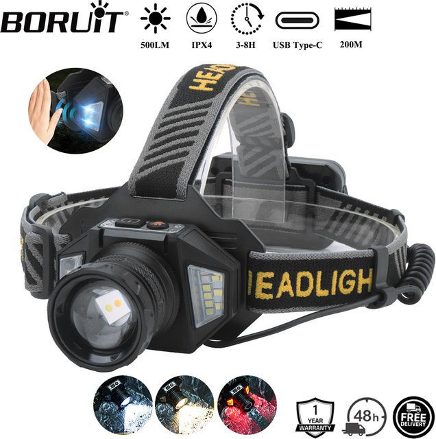 BORUiT T503A LED Stirnlampe mit Bewegungssensor, 500 Lumen, Zoom, Typ-C wiederaufladbar und Power Bank Funktion, Schwarz - Bild 1