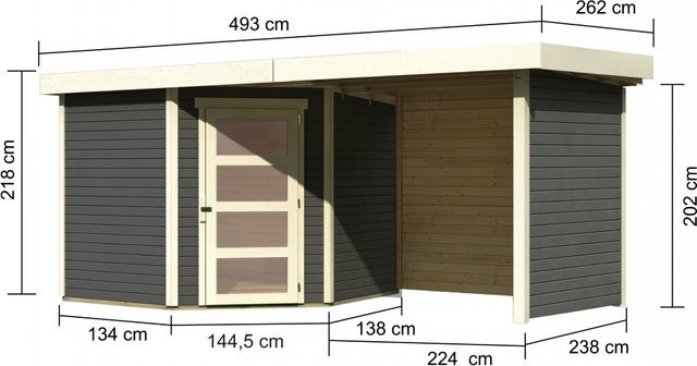 Holz-Gartenhaus Schwandorf 5 in Terragrau mit Flachdach und Anbaudach, B/T: 242 x 246 cm - Bild 3