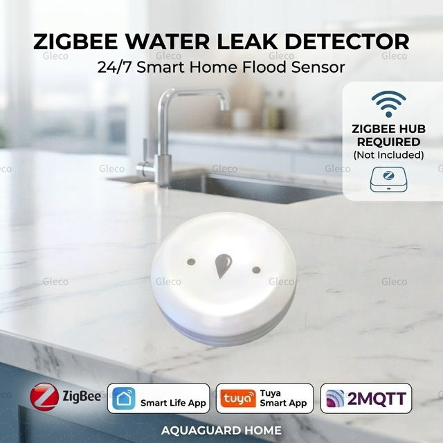 Tuya Zigbee Wasserleck-Detektor und Wasserflut-Sensor in Weiß für Smart Life App und 2MQTT zur Überwachung von Wasserleckagen in Küche und Badezimmer - Bild 1