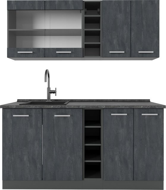 Vicco Singleküche R-Line in Schwarz Beton Anthrazit mit Arbeitsplatte in Eiche, Breite: 160 cm - Bild 1