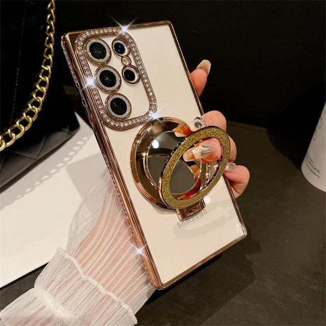 Luxus Handyhülle für Samsung Galaxy S24 Ultra S23 S22 S25 Plus mit Diamantrahmen und Flash Spiegel Ständer in Gold und Transparent - Bild 1